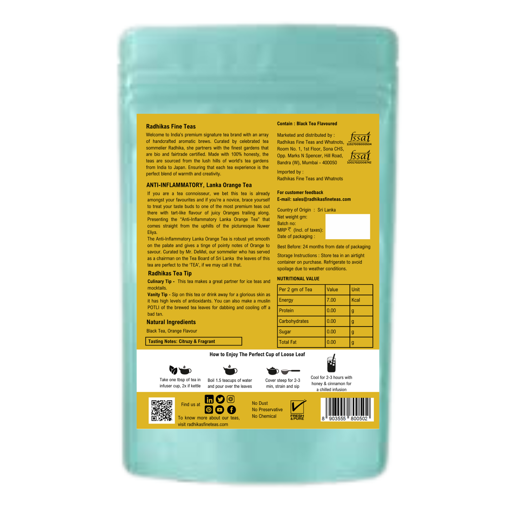 Radhika's Fine Teas Anti-Inflammatory Lanka Orange Tea (50g) | Single-Origin Black Tea with Citrus for Joint Health, Immunity & Balance