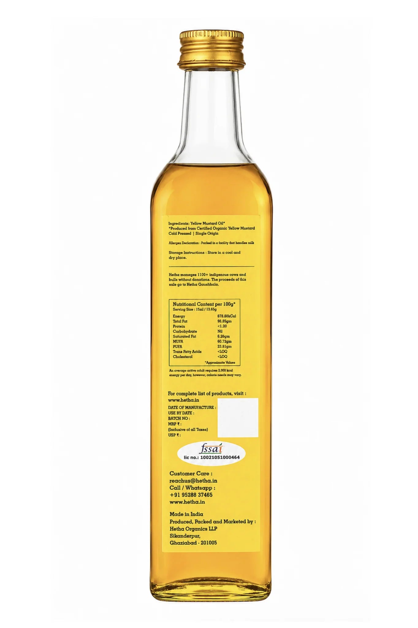 Hetha Yellow Mustard Oil - Single Origin | Cold Pressed - 1000ml (plastic)