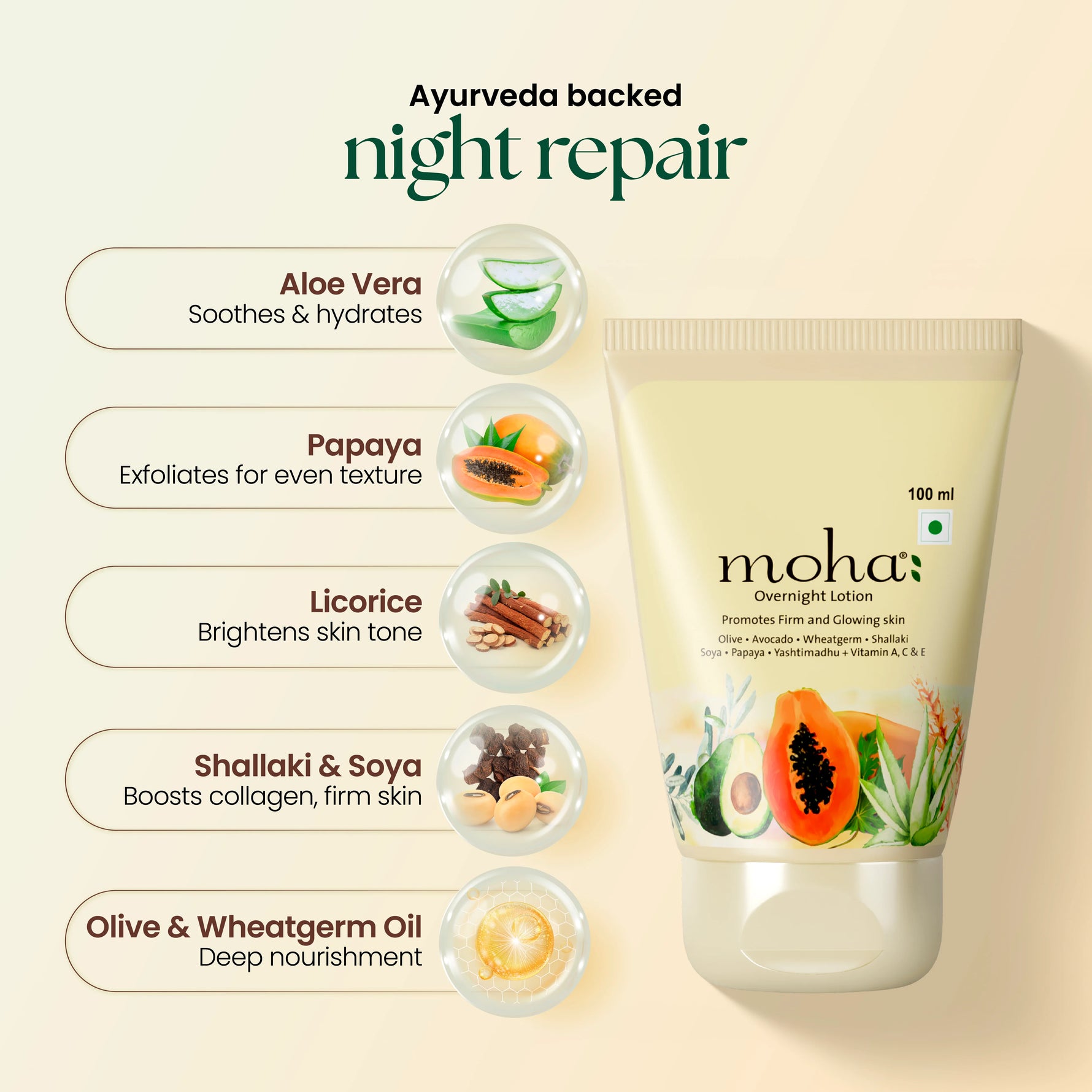 Moha: Overnight Lotion (100ml) - Ayurvedic Night Repair Face Moisturizer for Glowing Skin