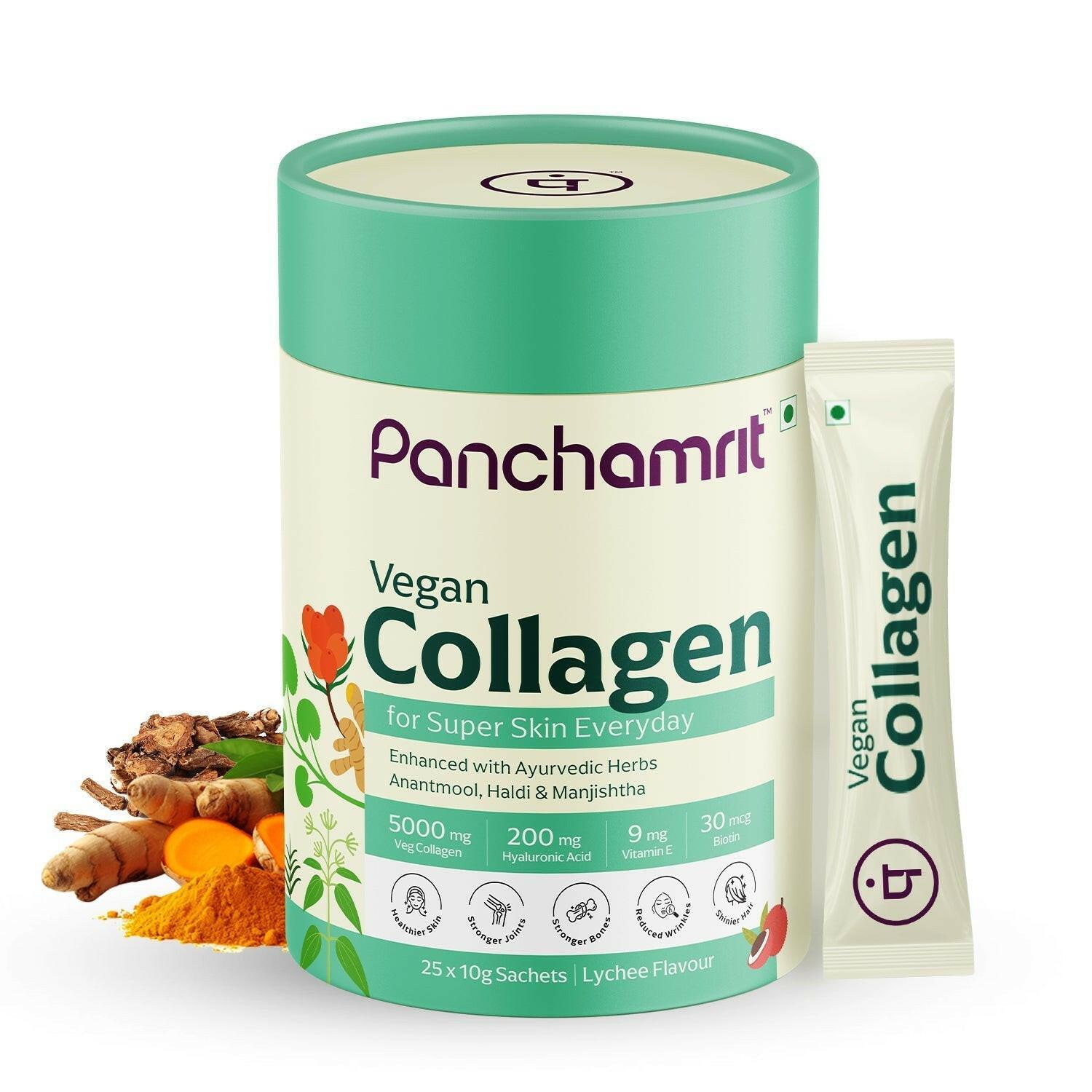 Panchamrit Vegan Collagen Powder Sachet with Ayurvedic Herbs| Youthful & Radiant Skin| (25 Each) Lychee