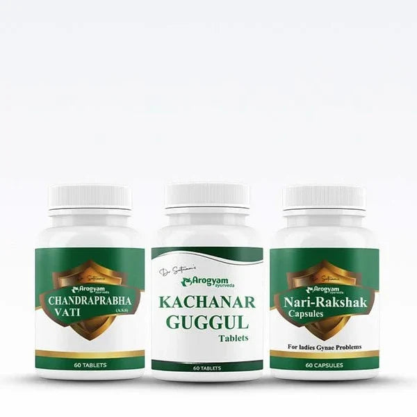 Arogyam PCOD / Anti Ovarian Cyst Health Combo (Chandraprabha Vati 60 Tablets + Kanchanar Guggul 60 Tablets + Nari-Rakshak 60 Capsules)