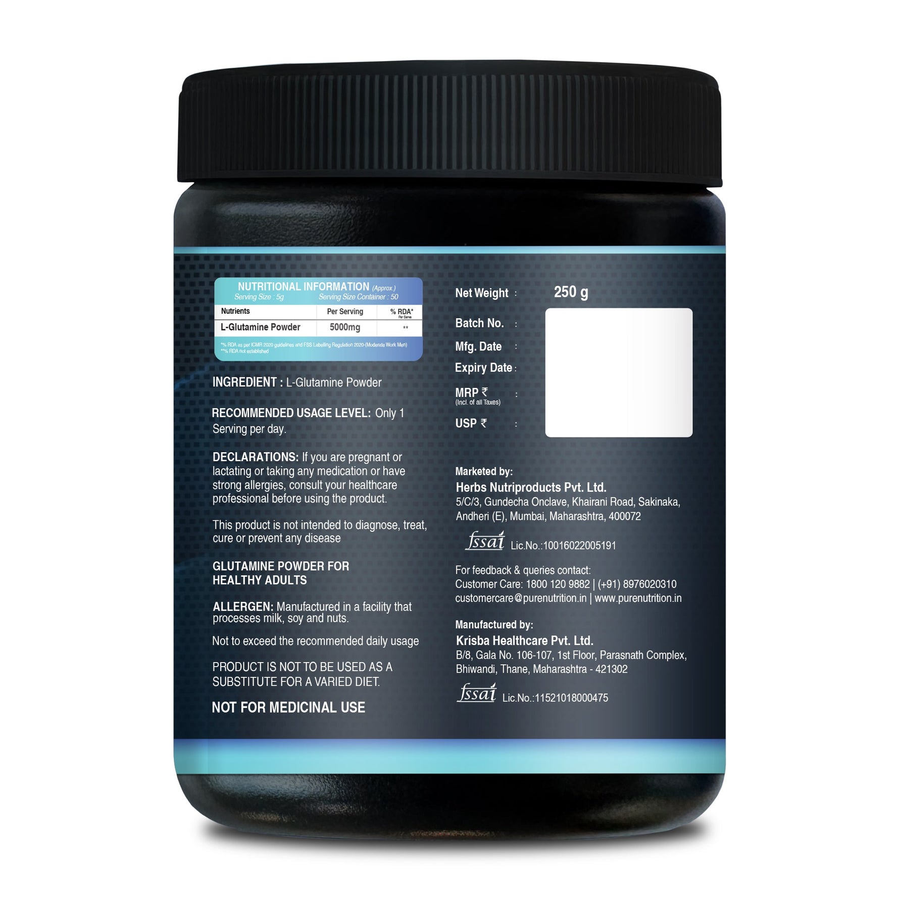 Pure Nutrition L-Glutamine Powder – Amino Acid Supplement - 250gm