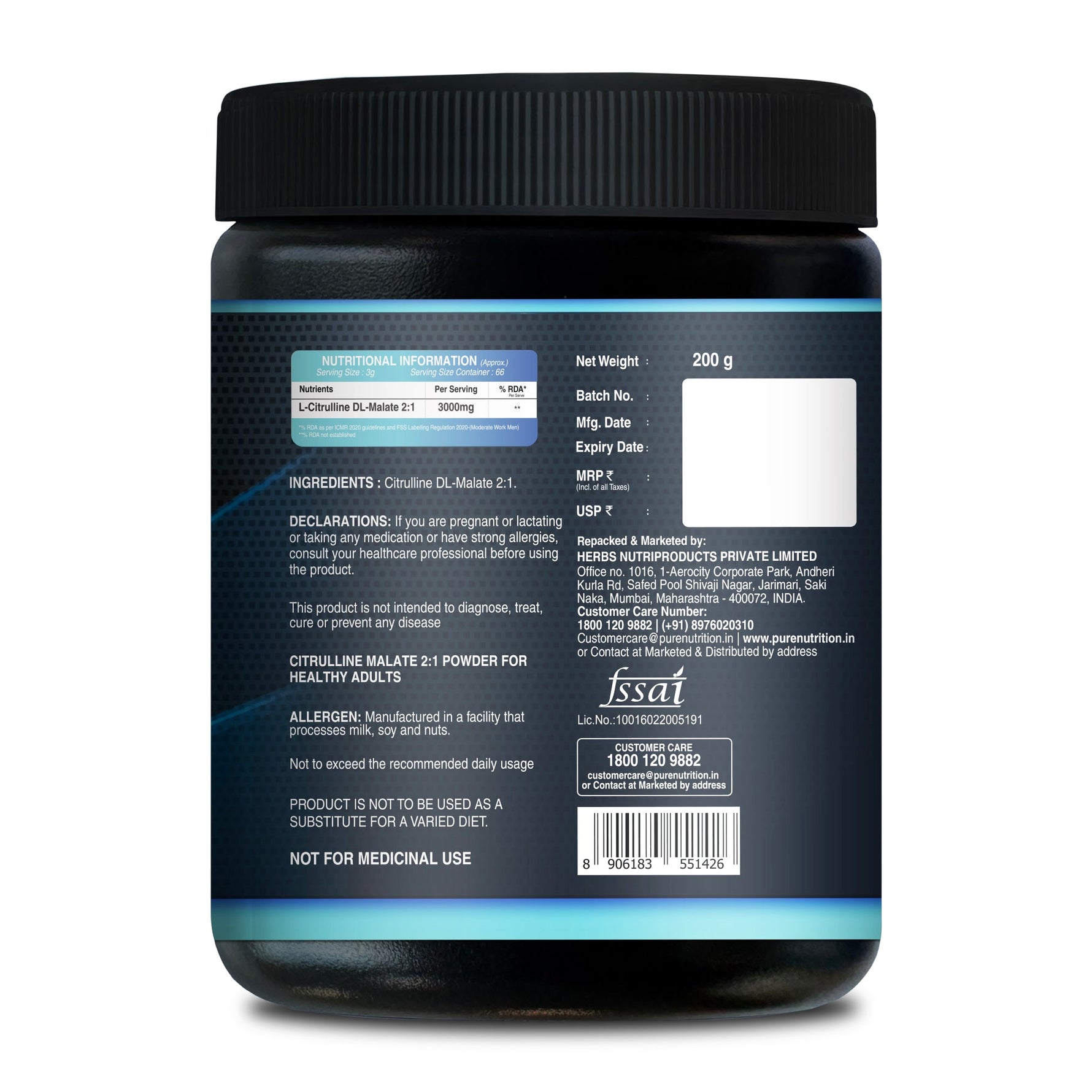 Pure nutrition L Citrulline DL Malate 2:1 Powder (Unflavoured) Faster Recovery & Reduce Muscle Fatigue - 200gm