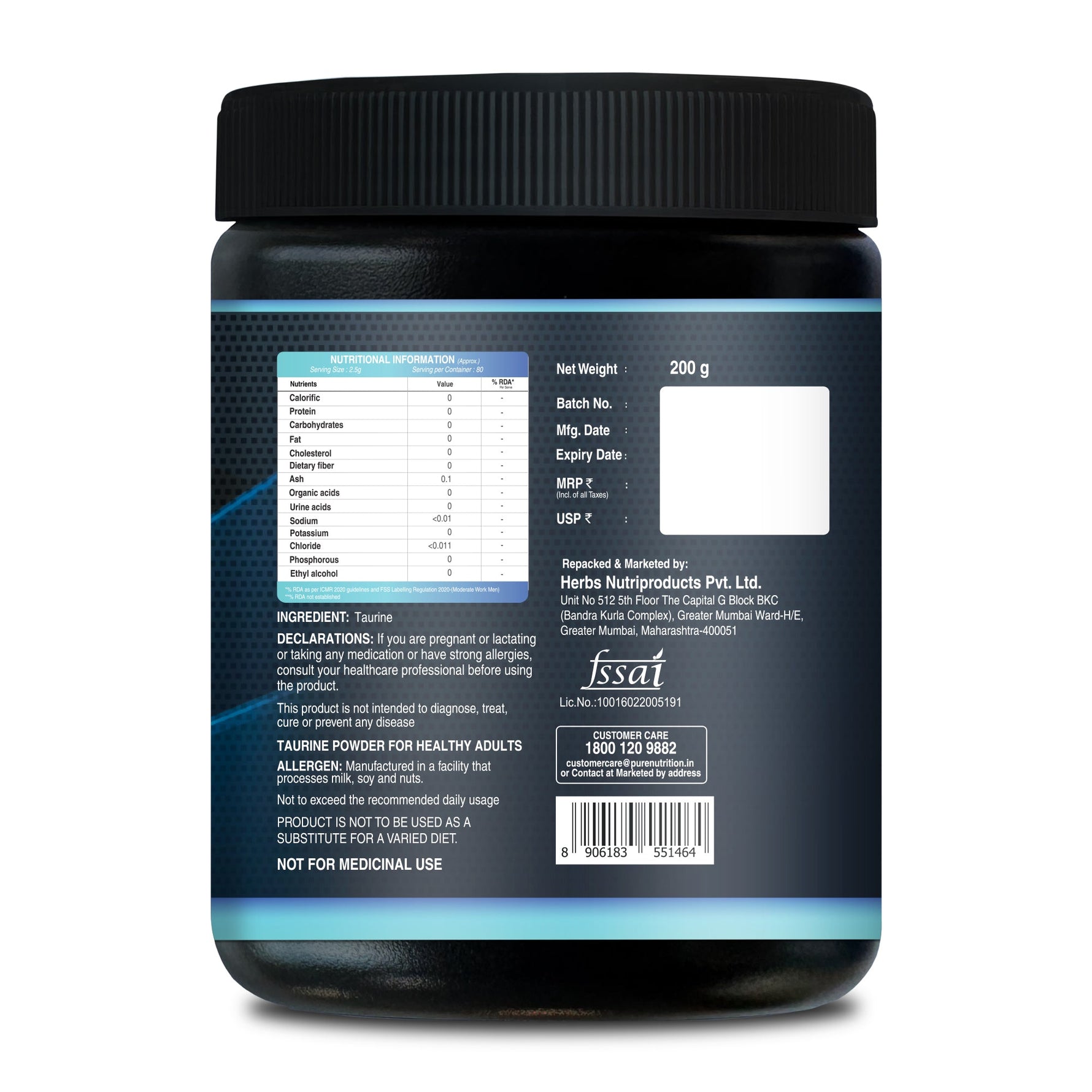 Pure Nutrition Taurine Powder - 200g | Amino Acid Supplement for Muscle Support and Hydration