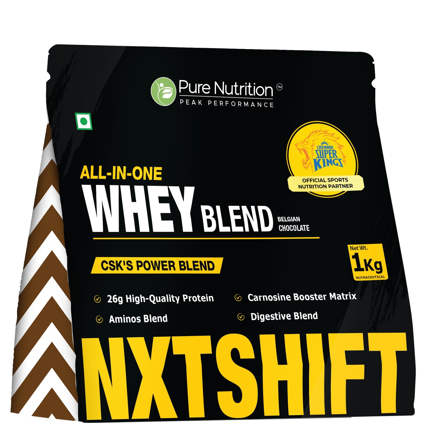 CSK Limited Edition Pure Nutrition NXT SHIFT All-In-One Whey Blend Powder No Added Sugar Belgian Chocolate 1Kg Pouch