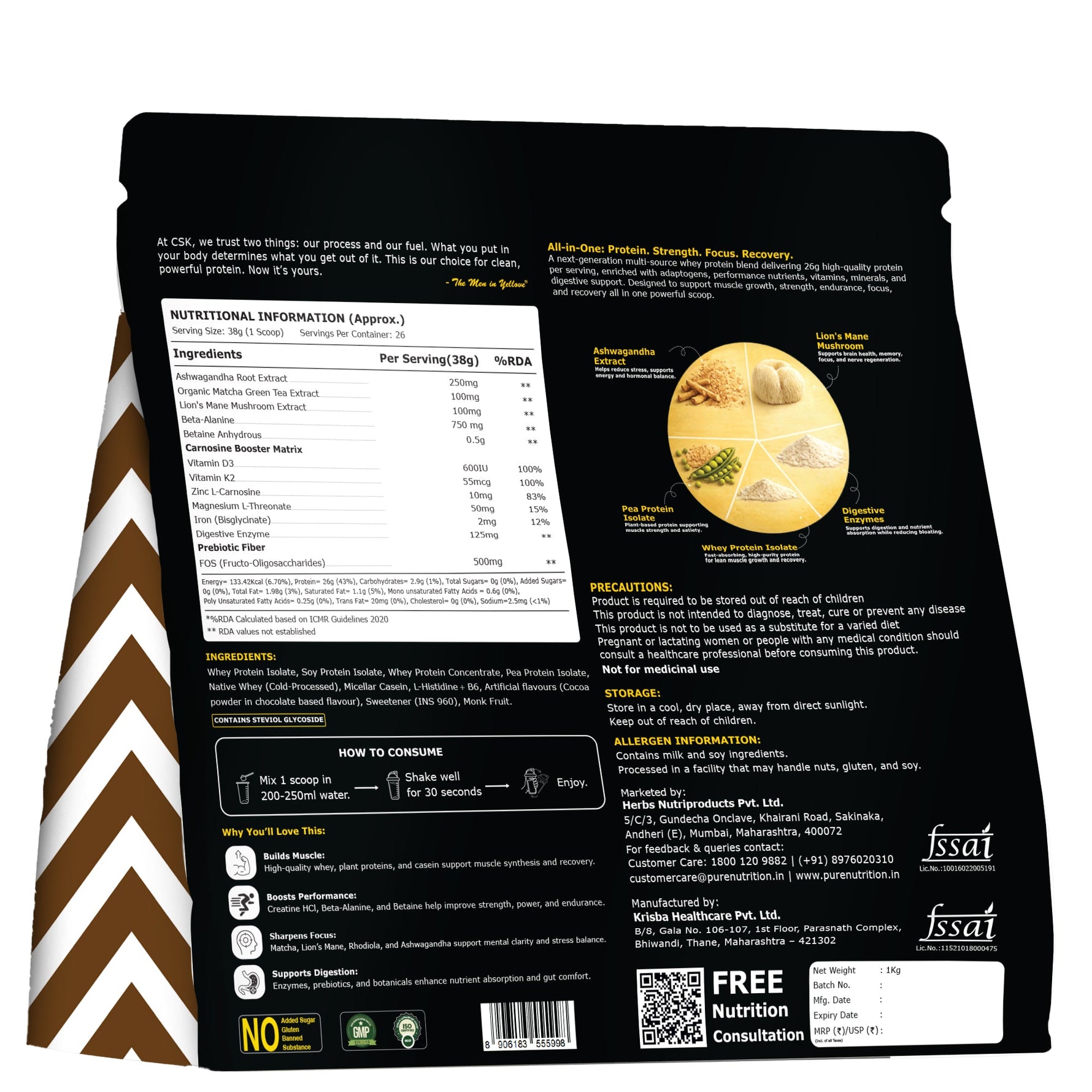 CSK Limited Edition Pure Nutrition NXT SHIFT All-In-One Whey Blend Powder No Added Sugar Belgian Chocolate 1Kg Pouch