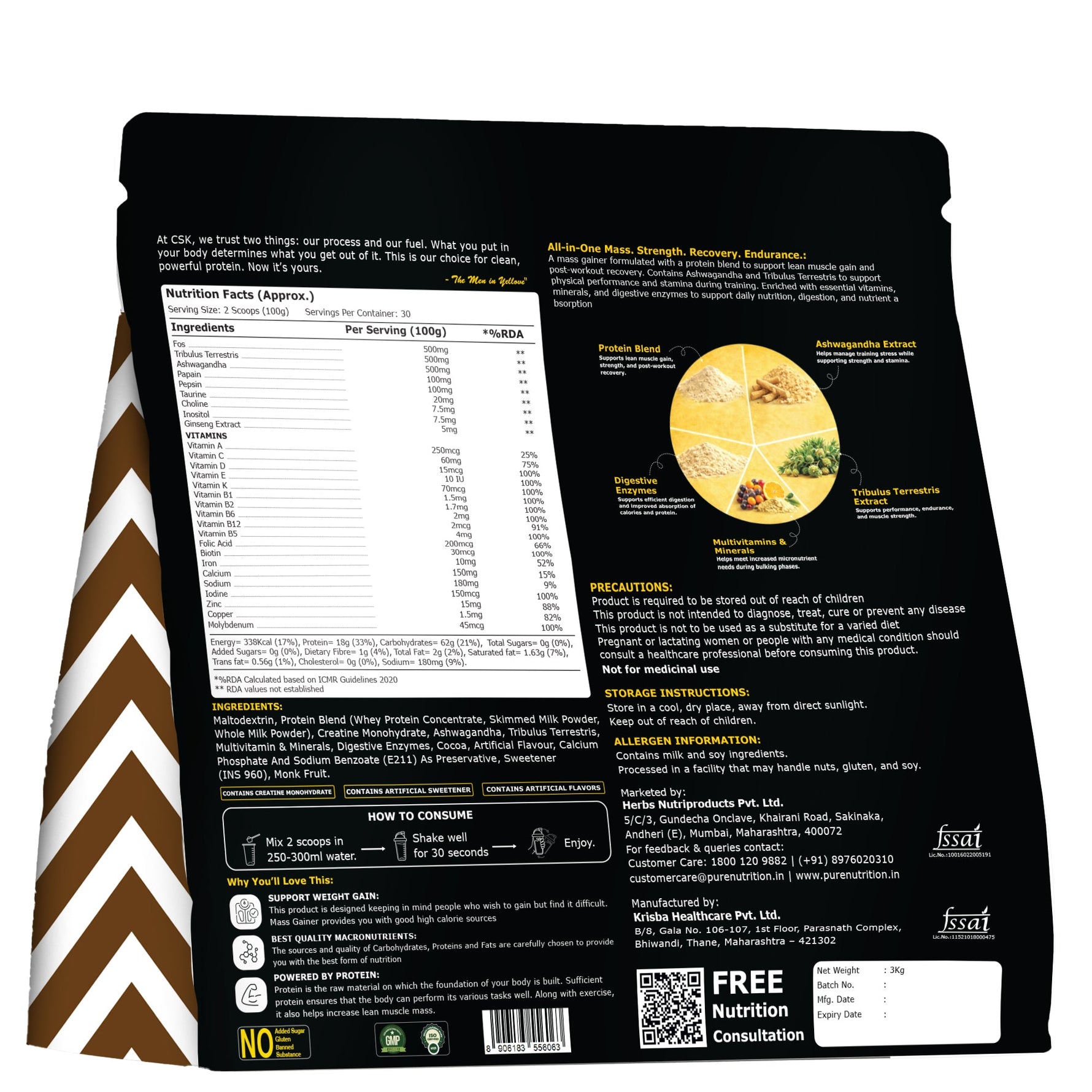 CSK Limited Edition  Pure Nutrition Mass Gainer Chocolate - 3kg Pouch