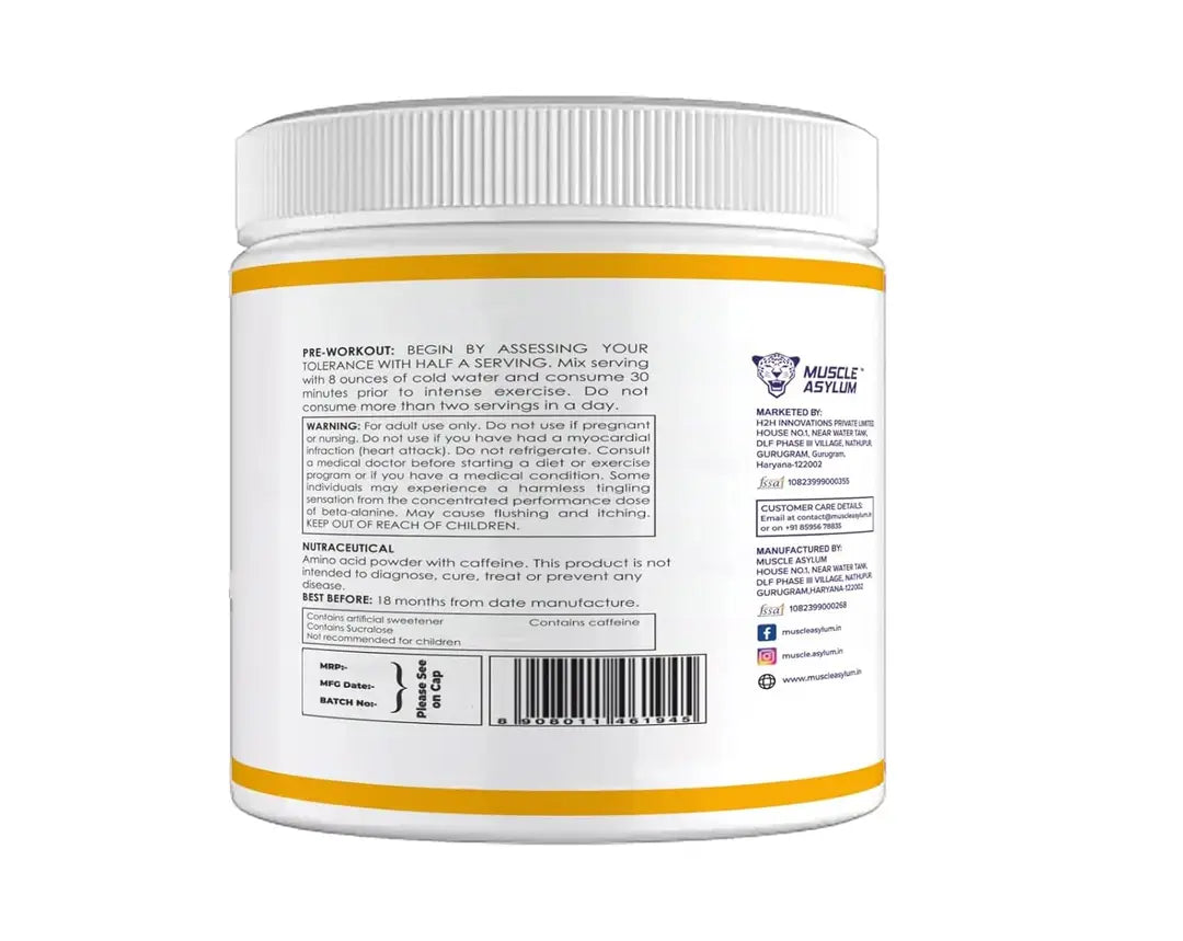Muscle Asylum Pre-Workout Powder With Genuine Lab Reports | Boosts Energy & Endurance | Improves Focus | Revs Up Recovery | 1g BCAA|3g Beta-Alanine|with 1.5g Caffeine