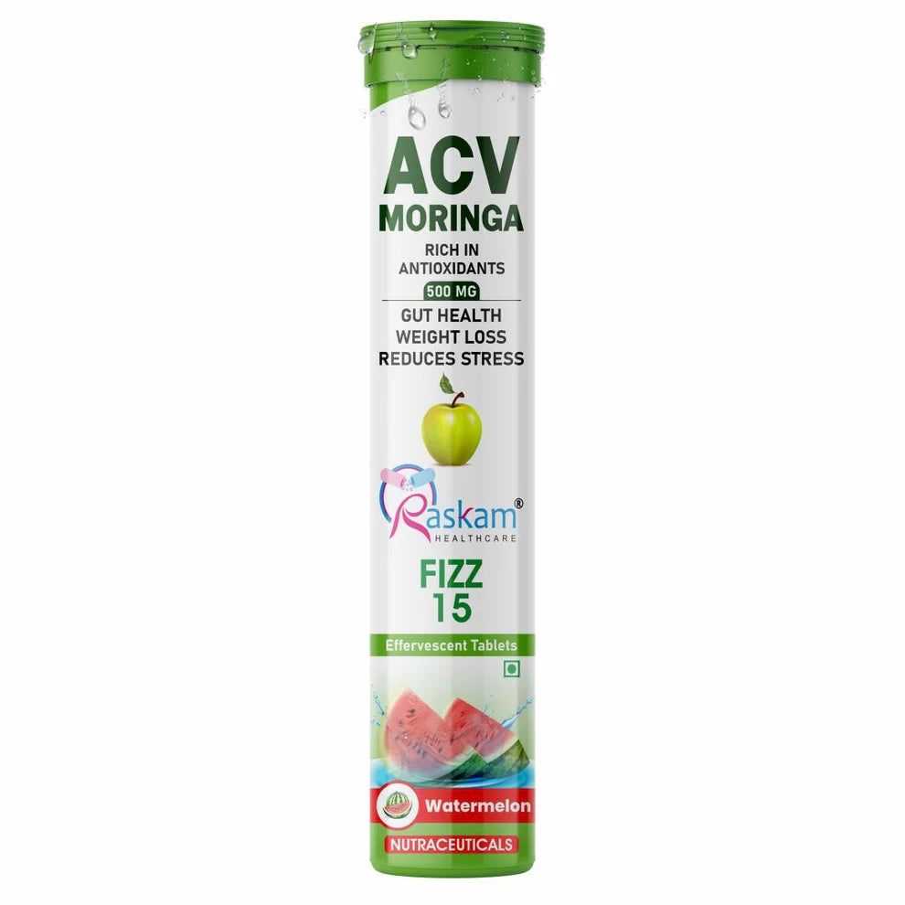 Raskam Apple Cider Vinegar (ACV) Moringa | Master Your Appetite & Boost Immunity | Natural Energy with Antioxidants | No Added Sugar | Watermelon Flavor | 15 Fizz Tablets (500mg)