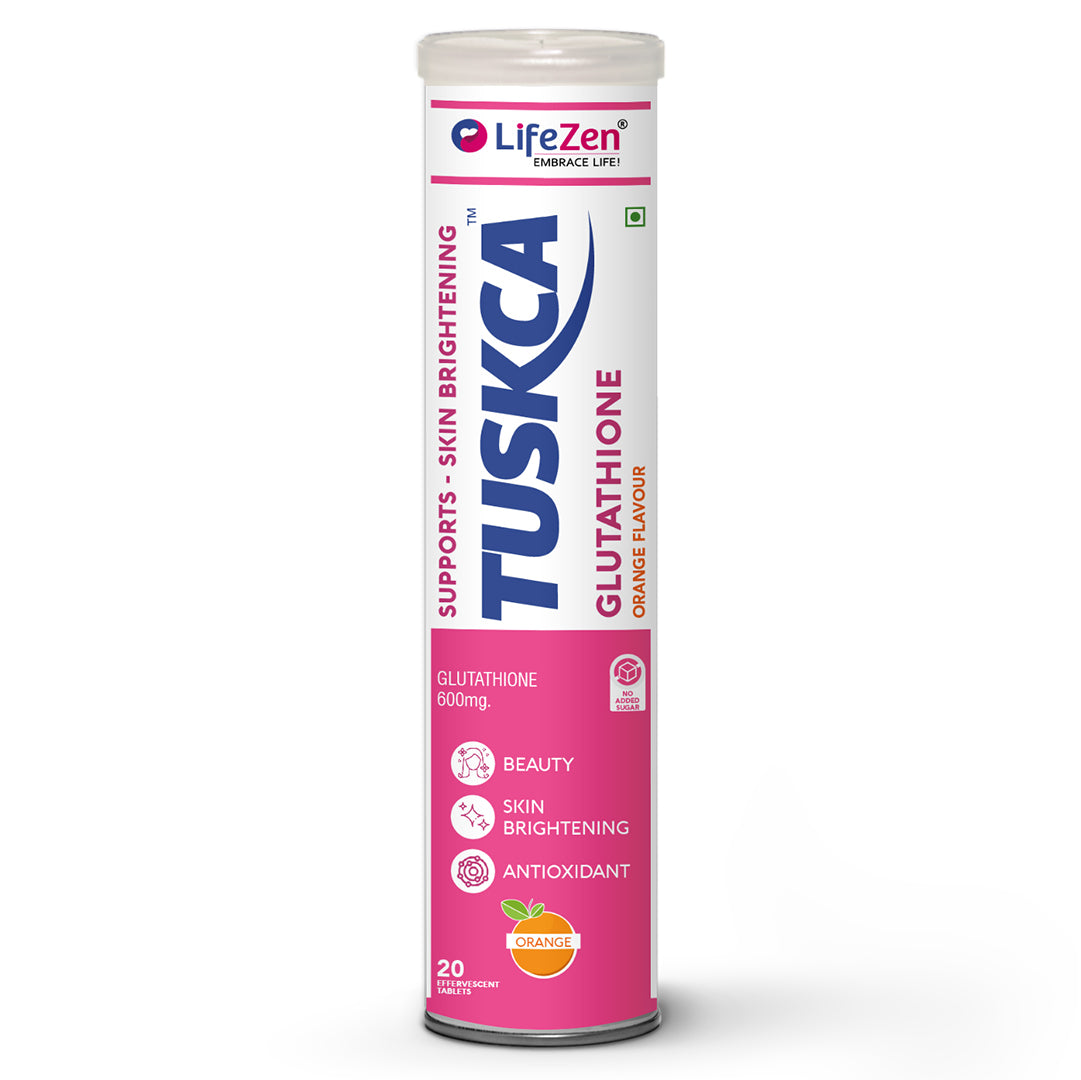 Lifezen Tuskca Japanese Glutathione 600 Mg with Vitamin C | For Skin Glow, Reduces wrinkles & Dark Spots | 20 Effervescent Tablet (Pack of 1) Orange Flavour