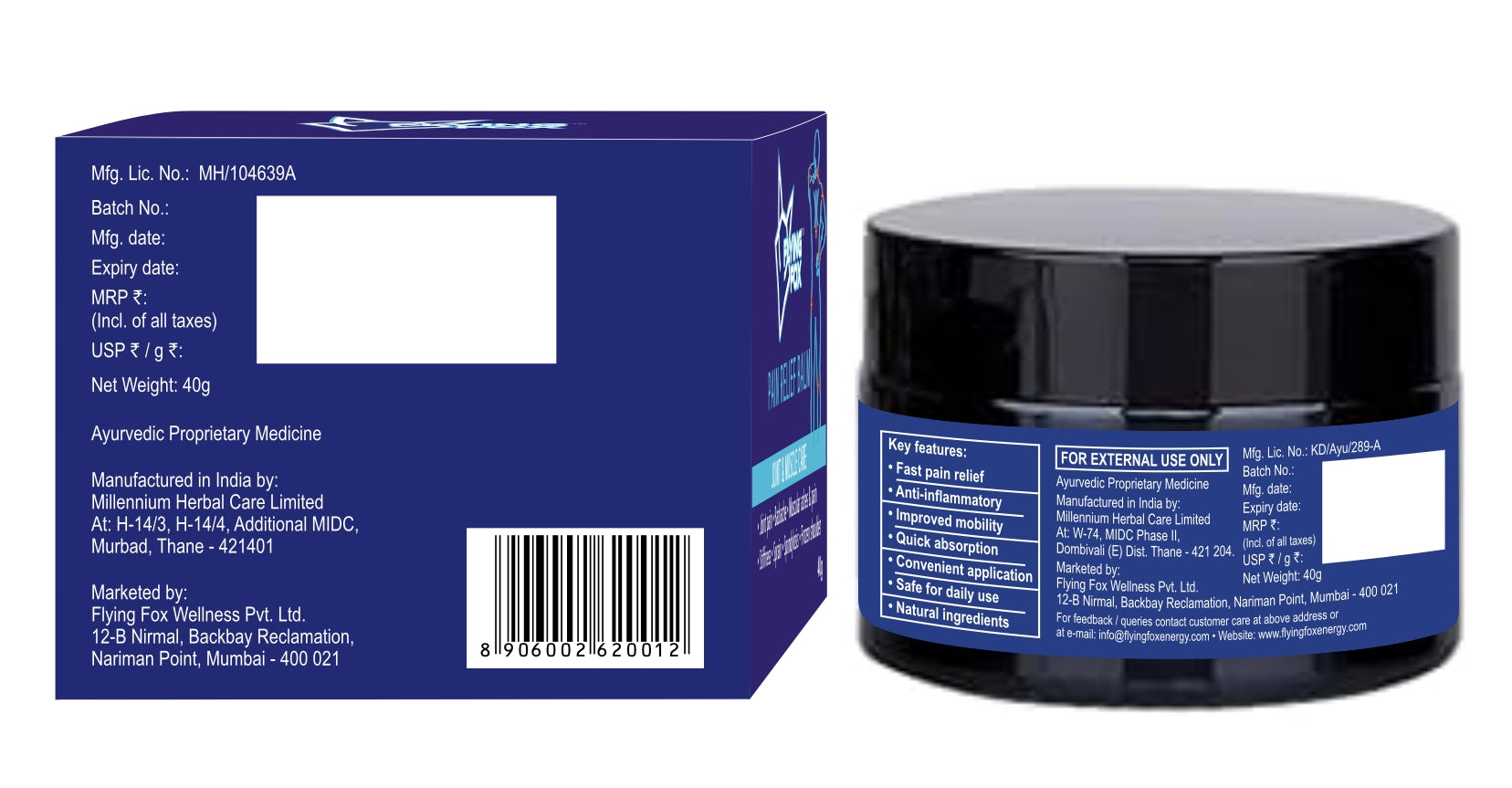 Flying Fox Fast Pain Relief Cream - Dual Action Herbal Ointment (40g)