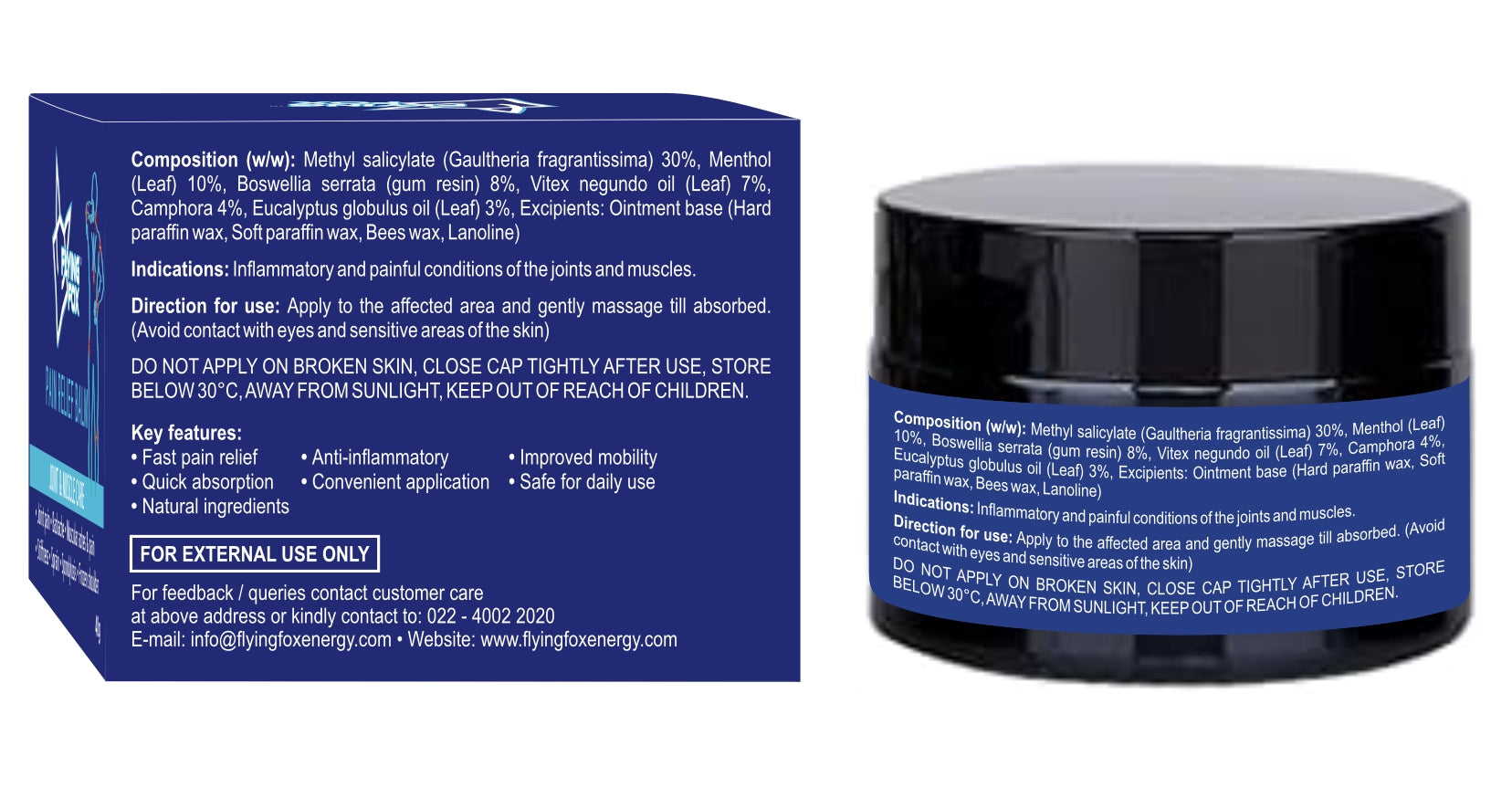 Flying Fox Fast Pain Relief Cream - Dual Action Herbal Ointment (40g)