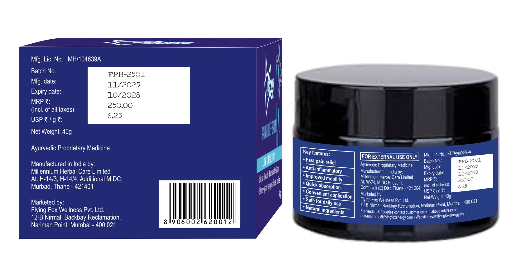 Flying Fox Fast Pain Relief Cream - Dual Action Herbal Ointment (40g)