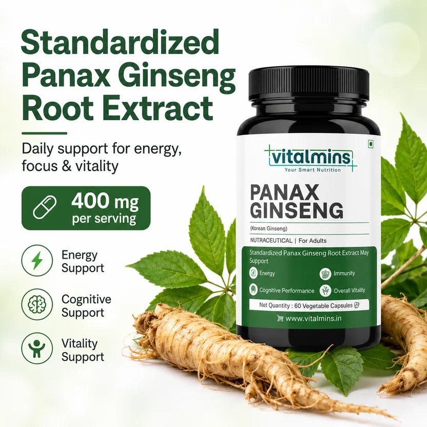 Vitalmins Panax Ginseng Capsules | Premium Korean Red Ginseng Extract for Physical Stamina, Mental Focus & Immunity – 60 Veg Capsules