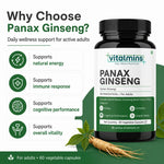 Vitalmins Panax Ginseng Capsules | Premium Korean Red Ginseng Extract for Physical Stamina, Mental Focus & Immunity – 60 Veg Capsules