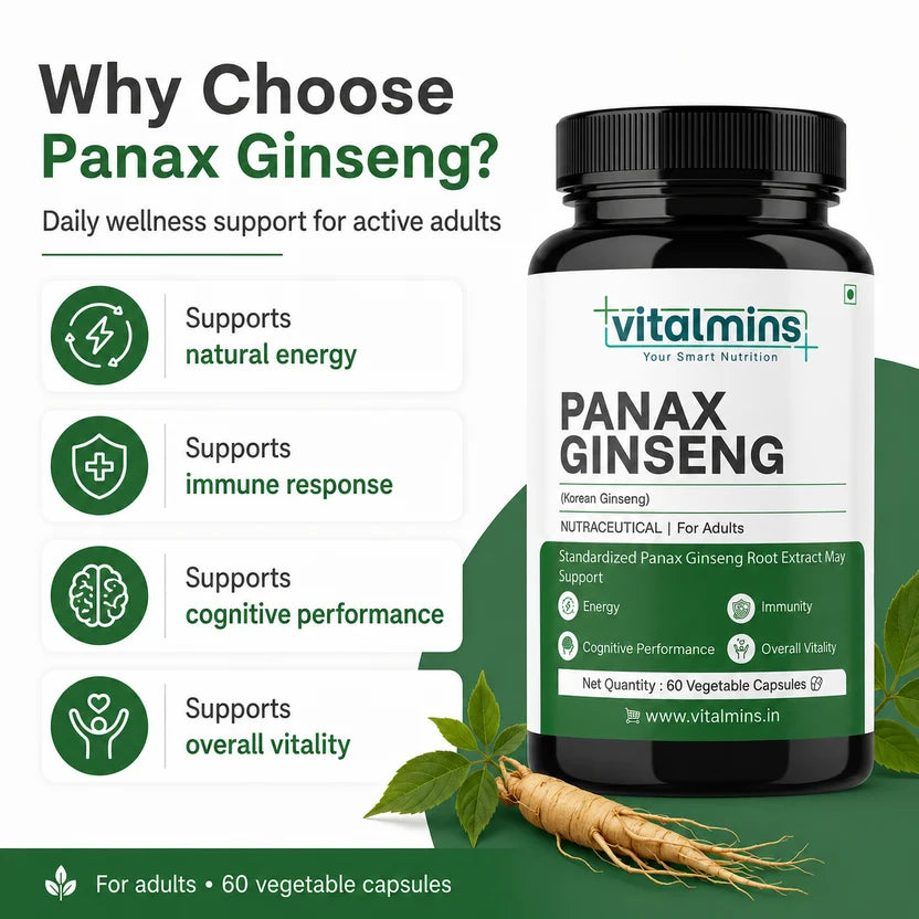 Vitalmins Panax Ginseng Capsules | Premium Korean Red Ginseng Extract for Physical Stamina, Mental Focus & Immunity – 60 Veg Capsules