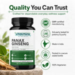 Vitalmins Panax Ginseng Capsules | Premium Korean Red Ginseng Extract for Physical Stamina, Mental Focus & Immunity – 60 Veg Capsules