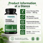 Vitalmins Panax Ginseng Capsules | Premium Korean Red Ginseng Extract for Physical Stamina, Mental Focus & Immunity – 60 Veg Capsules
