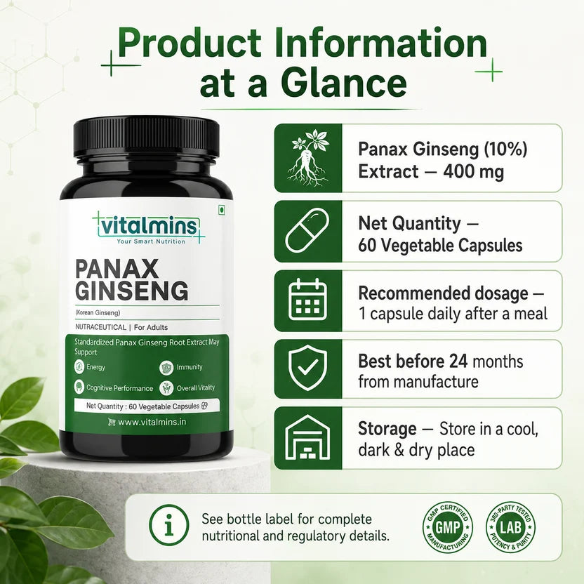 Vitalmins Panax Ginseng Capsules | Premium Korean Red Ginseng Extract for Physical Stamina, Mental Focus & Immunity – 60 Veg Capsules