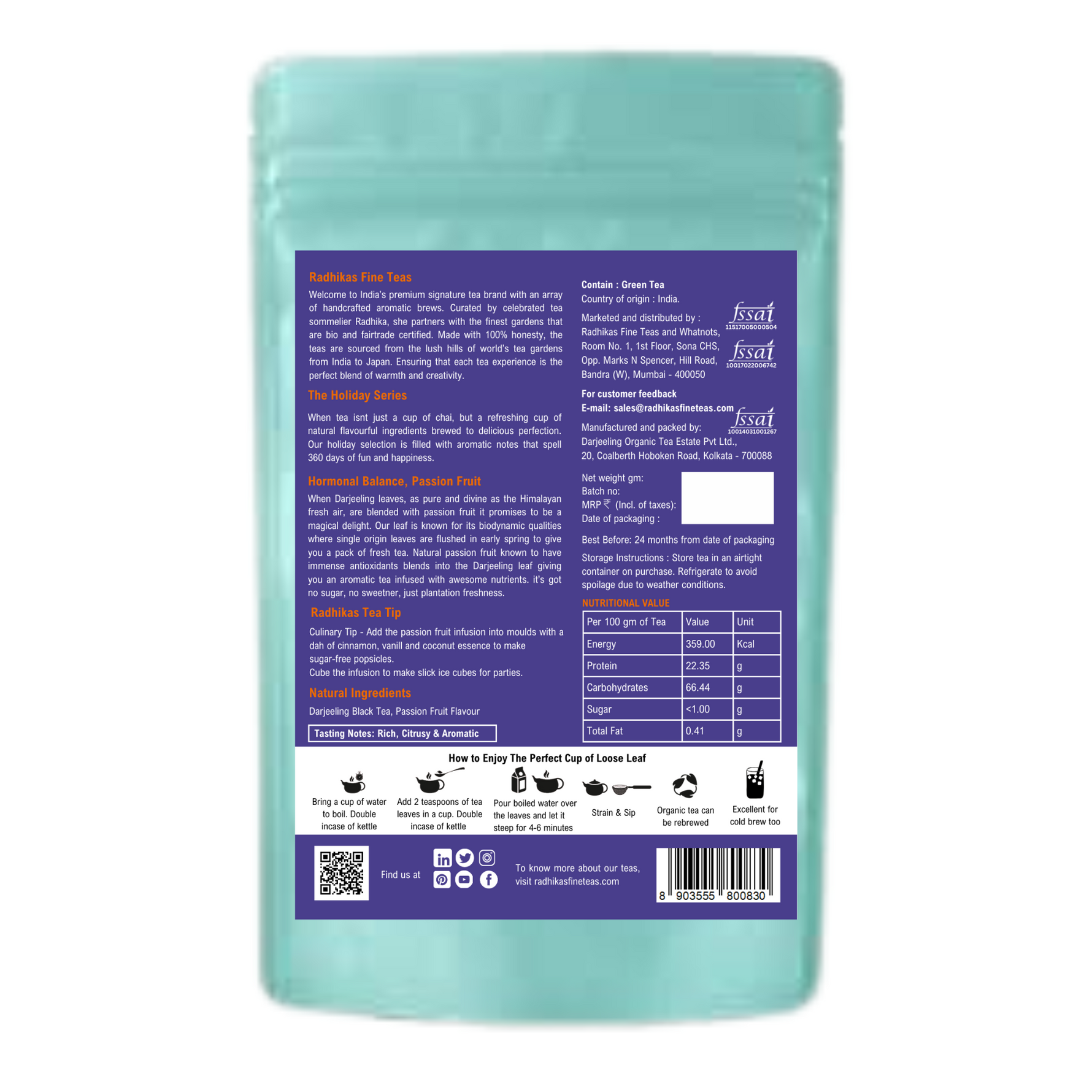 Radhikas Fine Teas Hormonal Balance Passion Fruit Darjeeling Leaf - 50gm