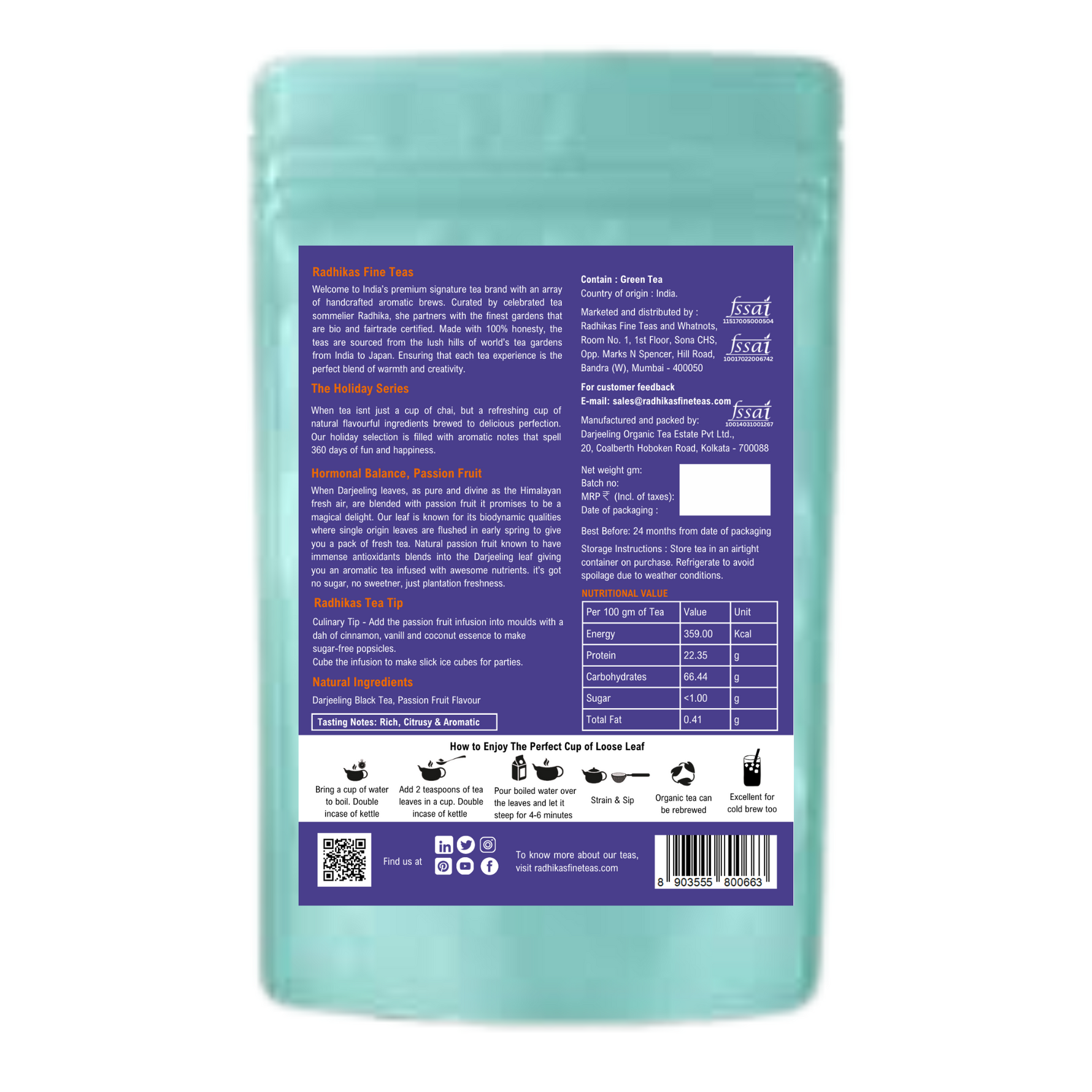 Radhikas Fine Teas Hormonal Balance Passion Fruit Darjeeling Leaf - 100gm