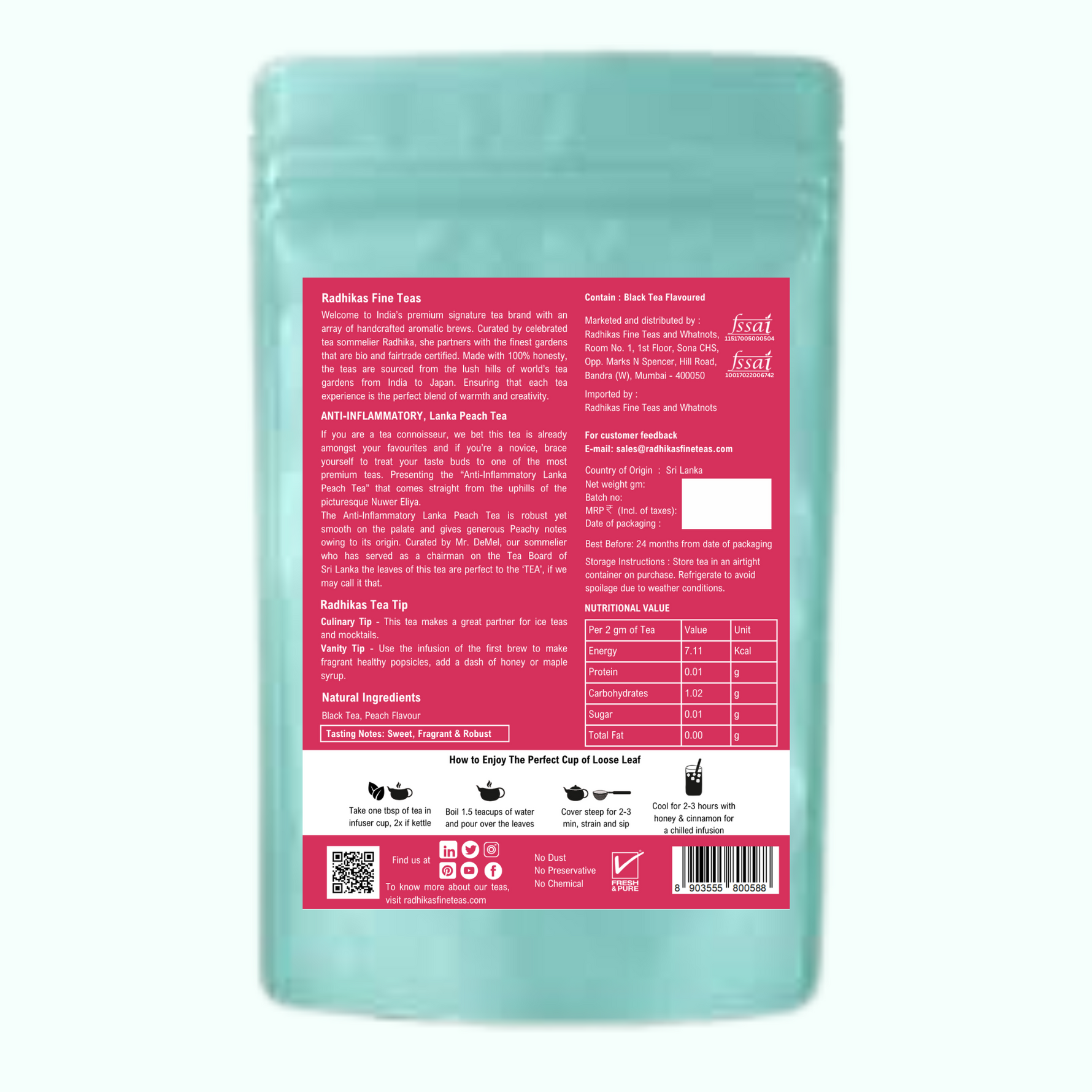 Radhika's Fine Teas Anti-Inflammatory Lanka Peach Tea (50g) | Single-Origin Ceylon Tea with Peach for Skin Glow, Joint Comfort & Immunity