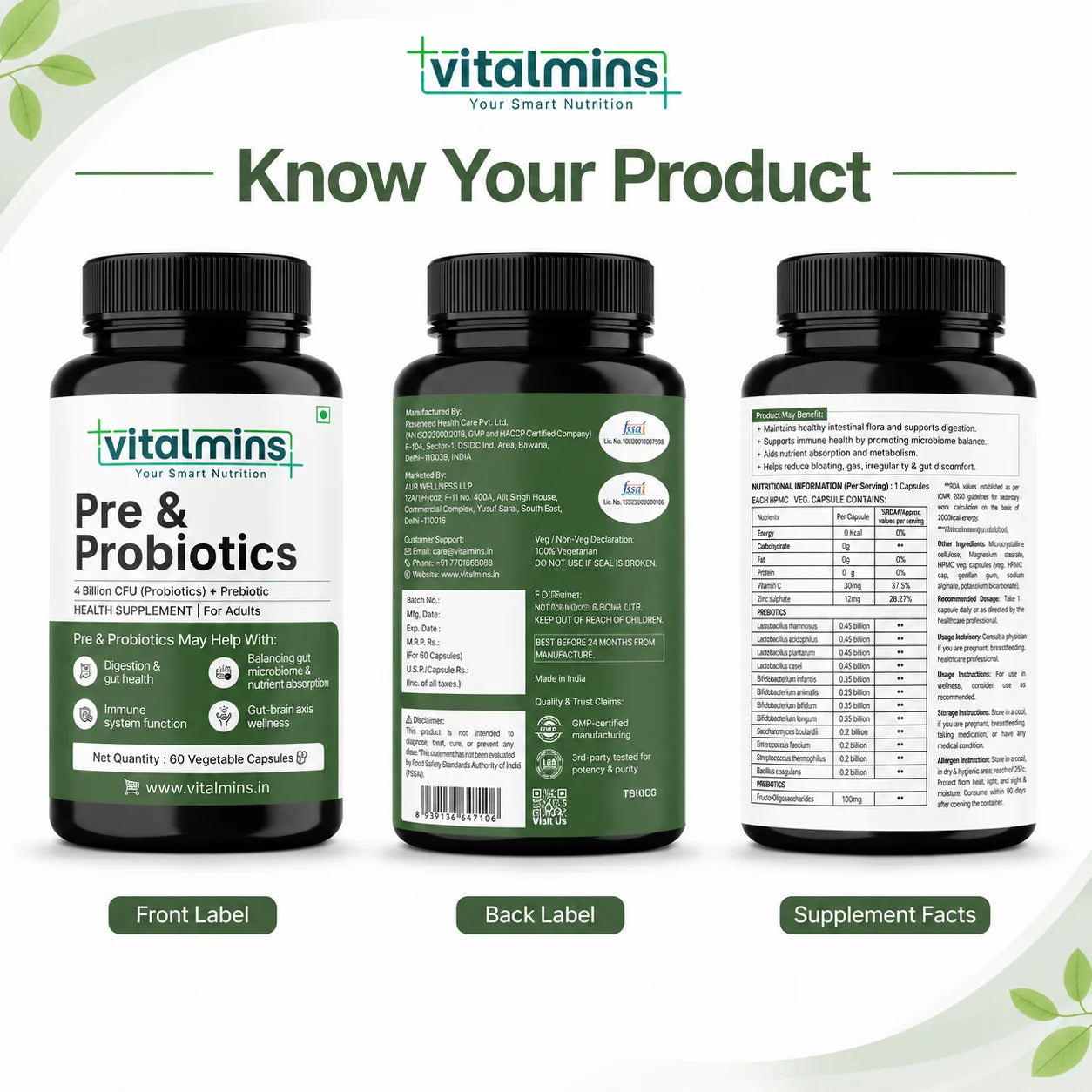 Vitalmins Probiotics Capsules | Multi-Strain Formula with Prebiotics for Superior Gut Health, Bloating Relief & Immune Support – 60 Veg Capsules