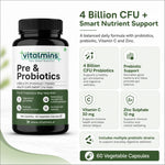 Vitalmins Probiotics Capsules | Multi-Strain Formula with Prebiotics for Superior Gut Health, Bloating Relief & Immune Support – 60 Veg Capsules