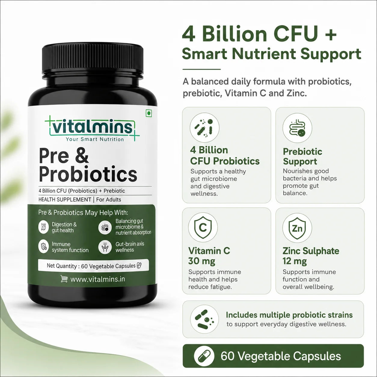 Vitalmins Probiotics Capsules | Multi-Strain Formula with Prebiotics for Superior Gut Health, Bloating Relief & Immune Support – 60 Veg Capsules