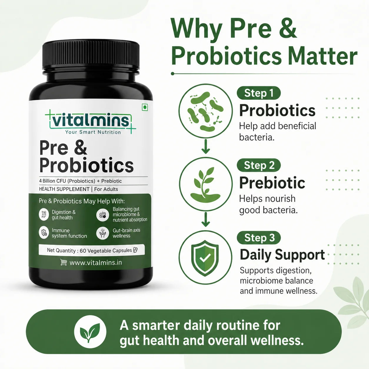 Vitalmins Probiotics Capsules | Multi-Strain Formula with Prebiotics for Superior Gut Health, Bloating Relief & Immune Support – 60 Veg Capsules