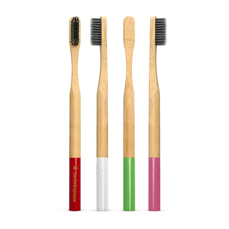 Satopradhan Bamboo Toothbrushes Set of 4 - Bamboo Handles & Gentle Bristles- Colored markings for easier identification