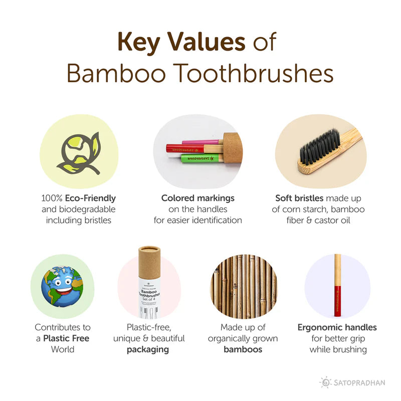 Satopradhan Bamboo Toothbrushes Set of 4 - Bamboo Handles & Gentle Bristles- Colored markings for easier identification