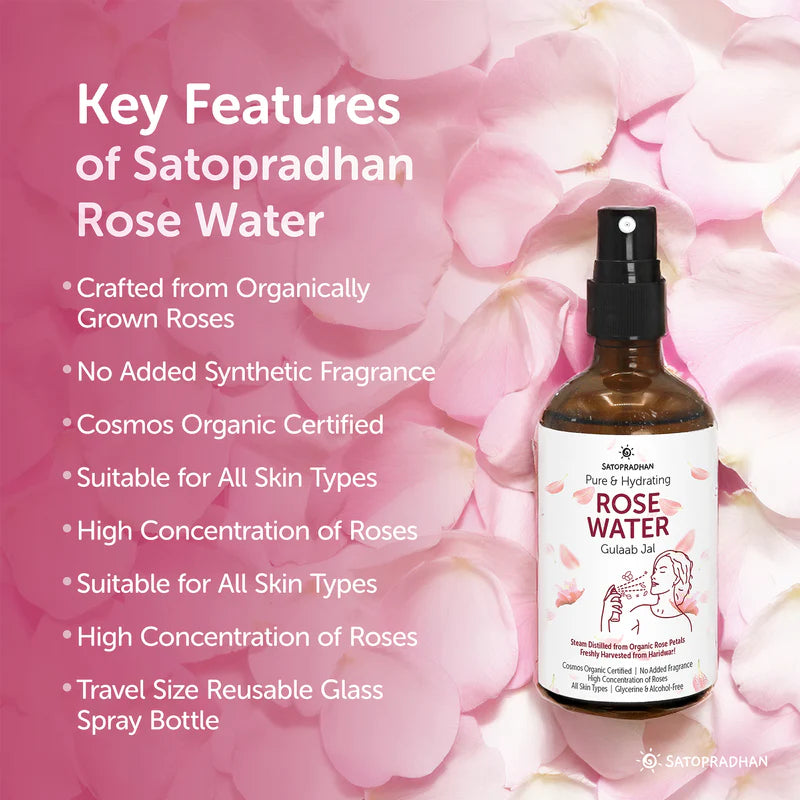 Satopradhan Pure Rose Water (Hydrosol) 100ml | Organic Rose Floral Water for Pore Reduction, Toning & Hydration | Facial Tonic Mist | Steam Distilled Rose Water Spray - Face Mist - Rose Hydrosol for Face - Gulab Jal for Sensitive Skin