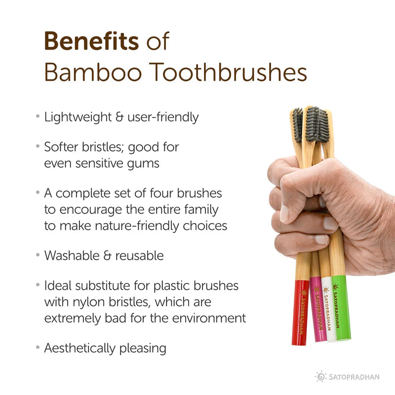 Satopradhan Bamboo Toothbrushes Set of 4 - Bamboo Handles & Gentle Bristles- Colored markings for easier identification