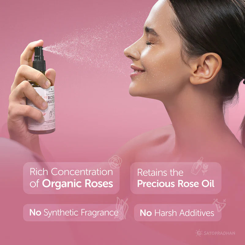 Satopradhan Pure Rose Water (Hydrosol) 100ml | Organic Rose Floral Water for Pore Reduction, Toning & Hydration | Facial Tonic Mist | Steam Distilled Rose Water Spray - Face Mist - Rose Hydrosol for Face - Gulab Jal for Sensitive Skin
