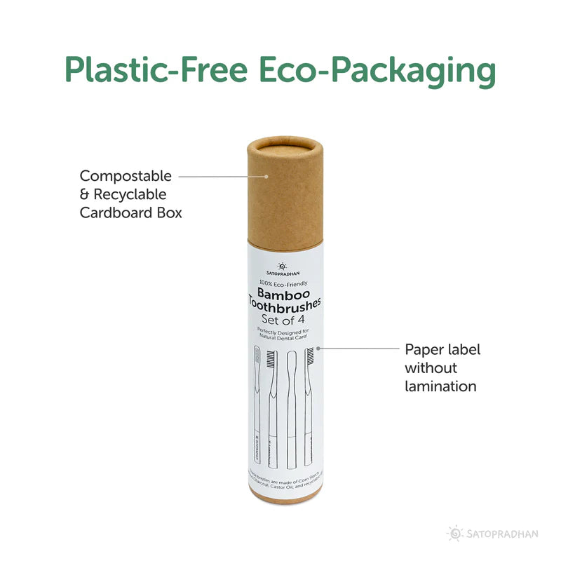 Satopradhan Bamboo Toothbrushes Set of 4 - Bamboo Handles & Gentle Bristles- Colored markings for easier identification