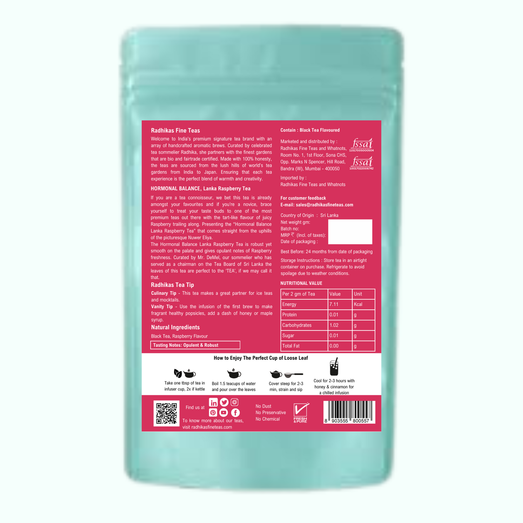 Radhika's Fine Teas Hormonal Balance Lanka Raspberry Tea (50g) | Single-Origin Ceylon Black Tea with Raspberry for Energy, Mood Balance & Wellness