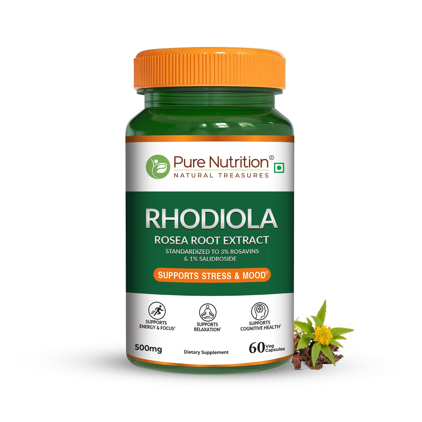 Pure Nutrition Rhodiola Rosea Root Extract (500mg) - 60 Veg Capsules | Standardized to 3% Rosavins & 1% Salidroside | Supports Energy, Focus, Relaxation & Cognitive Health
