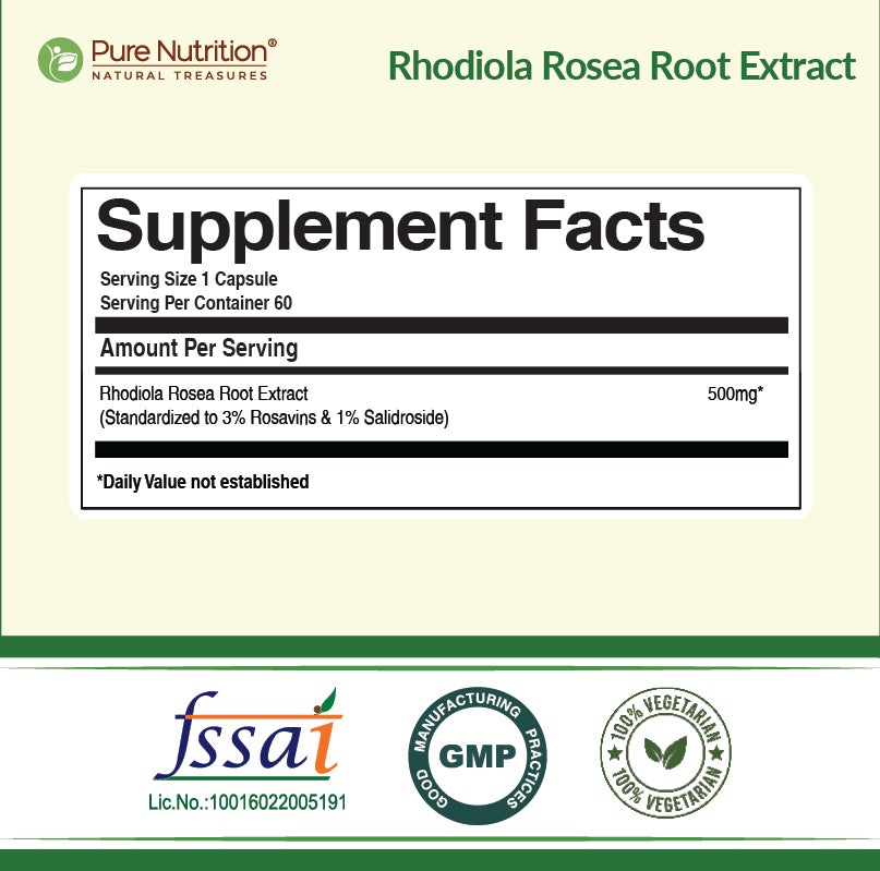Pure Nutrition Rhodiola Rosea Root Extract (500mg) - 60 Veg Capsules | Standardized to 3% Rosavins & 1% Salidroside | Supports Energy, Focus, Relaxation & Cognitive Health