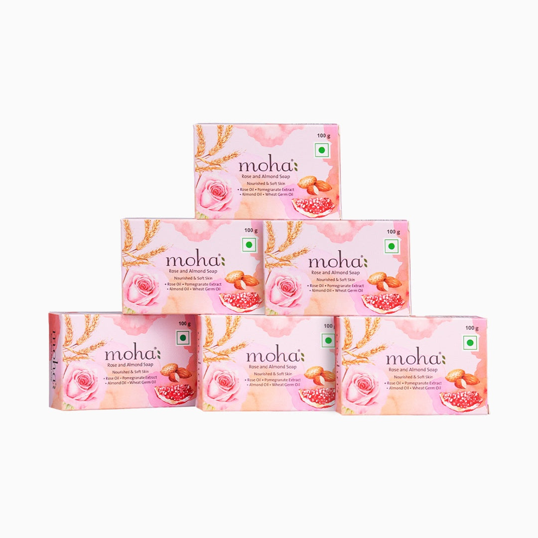 moha: Rose & Almond Soap Pack of 6 - Dry Skin Bathing Bars