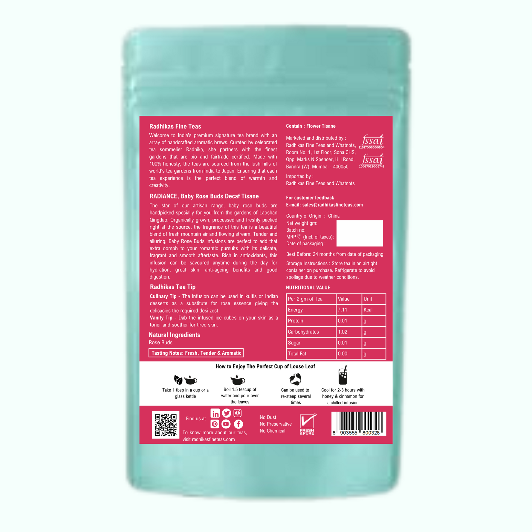 Radhika's Fine Teas Radiance Baby Rose Buds Decaf Tisane (50g) | Pure Floral Tea for Skin Glow, Stress Relief & Relaxation