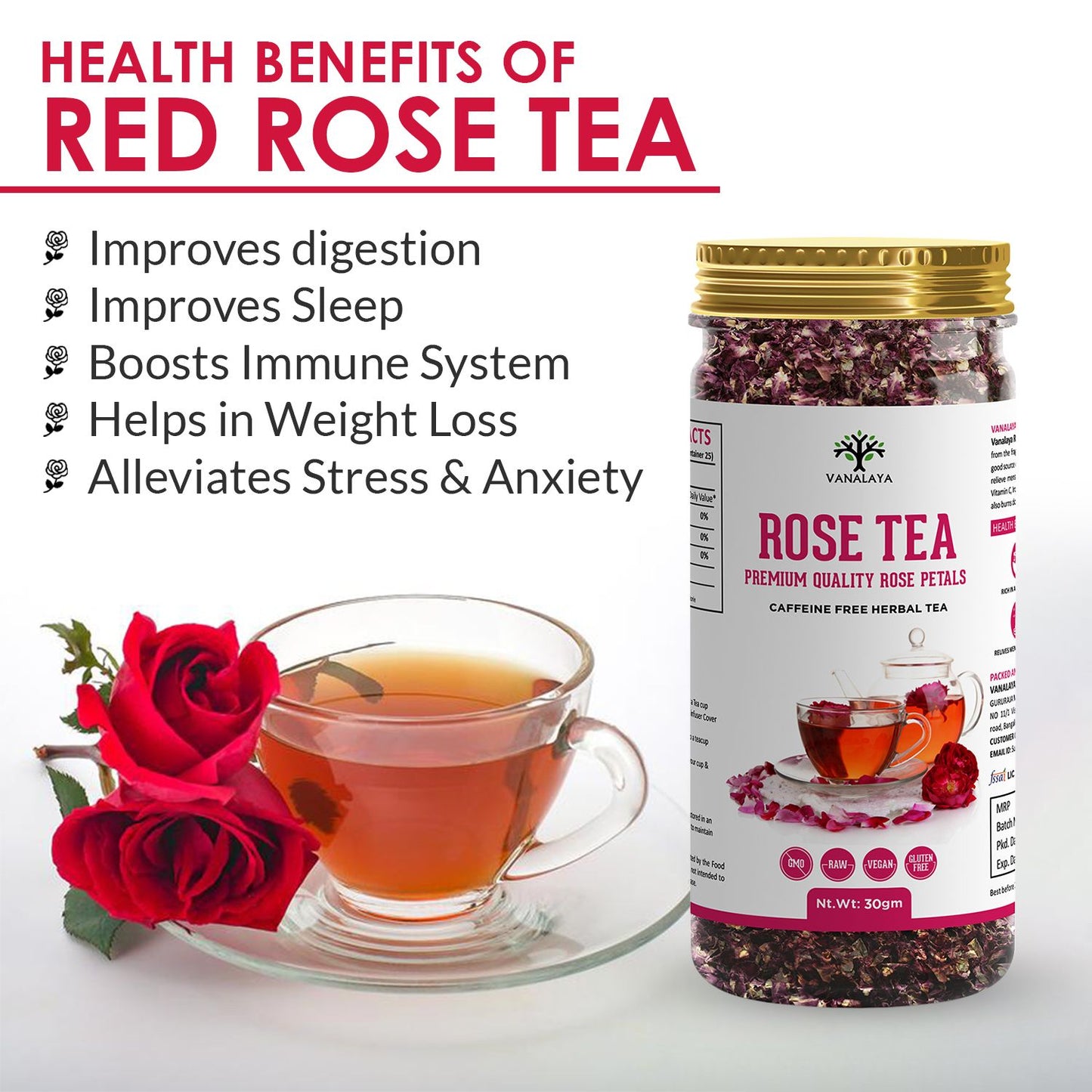 Vanalaya Rose Tea For Glowing Skin, Weight loss Made with 100% Natural Rose Petals 30gm