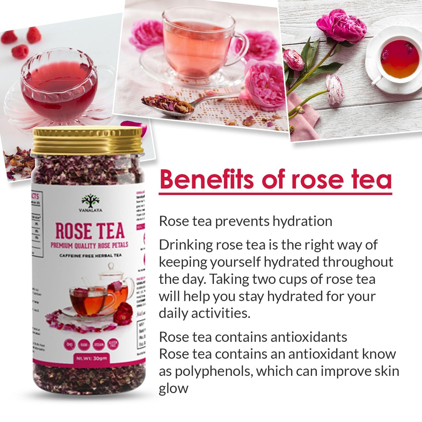 Vanalaya Rose Tea For Glowing Skin, Weight loss Made with 100% Natural Rose Petals 30gm