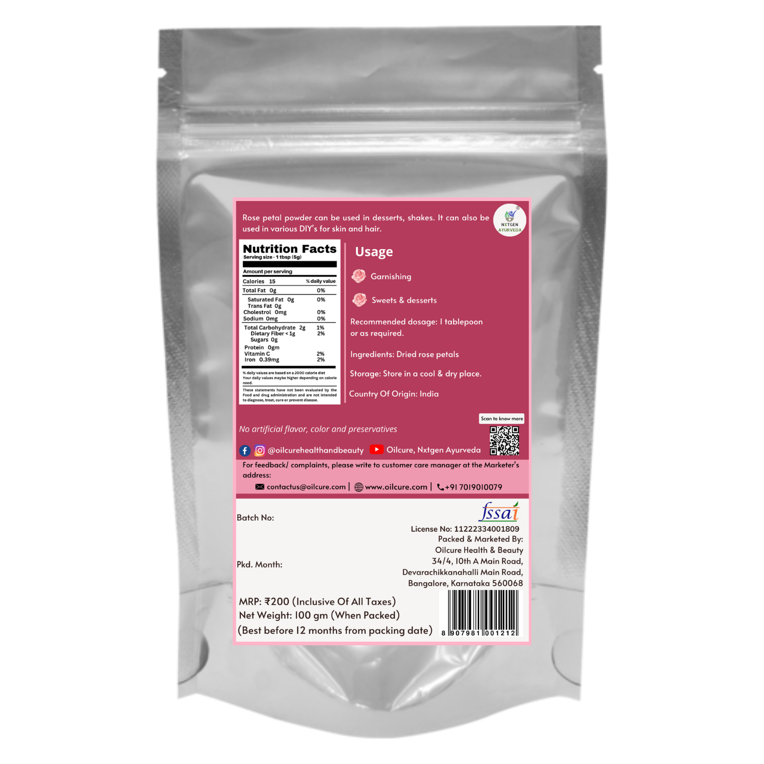 Nxtgen Ayurveda Rose Petal Powder - 100 gms (Pack of 2)