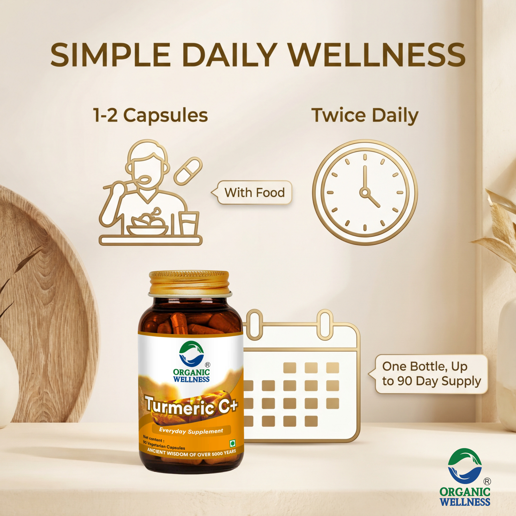 Organic Wellness Turmeric Curcumin Capsules -  90 Veg Capsules