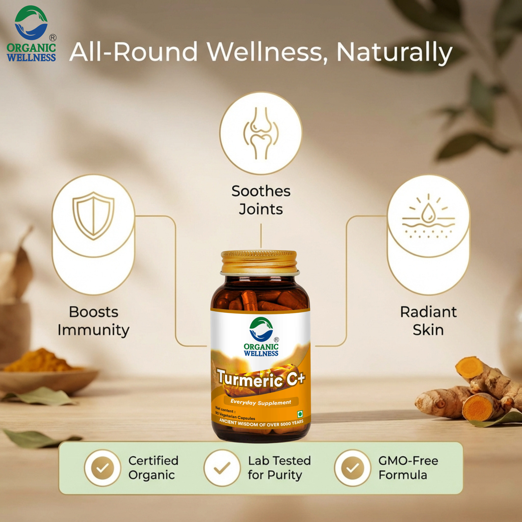 Organic Wellness Turmeric Curcumin Capsules -  90 Veg Capsules