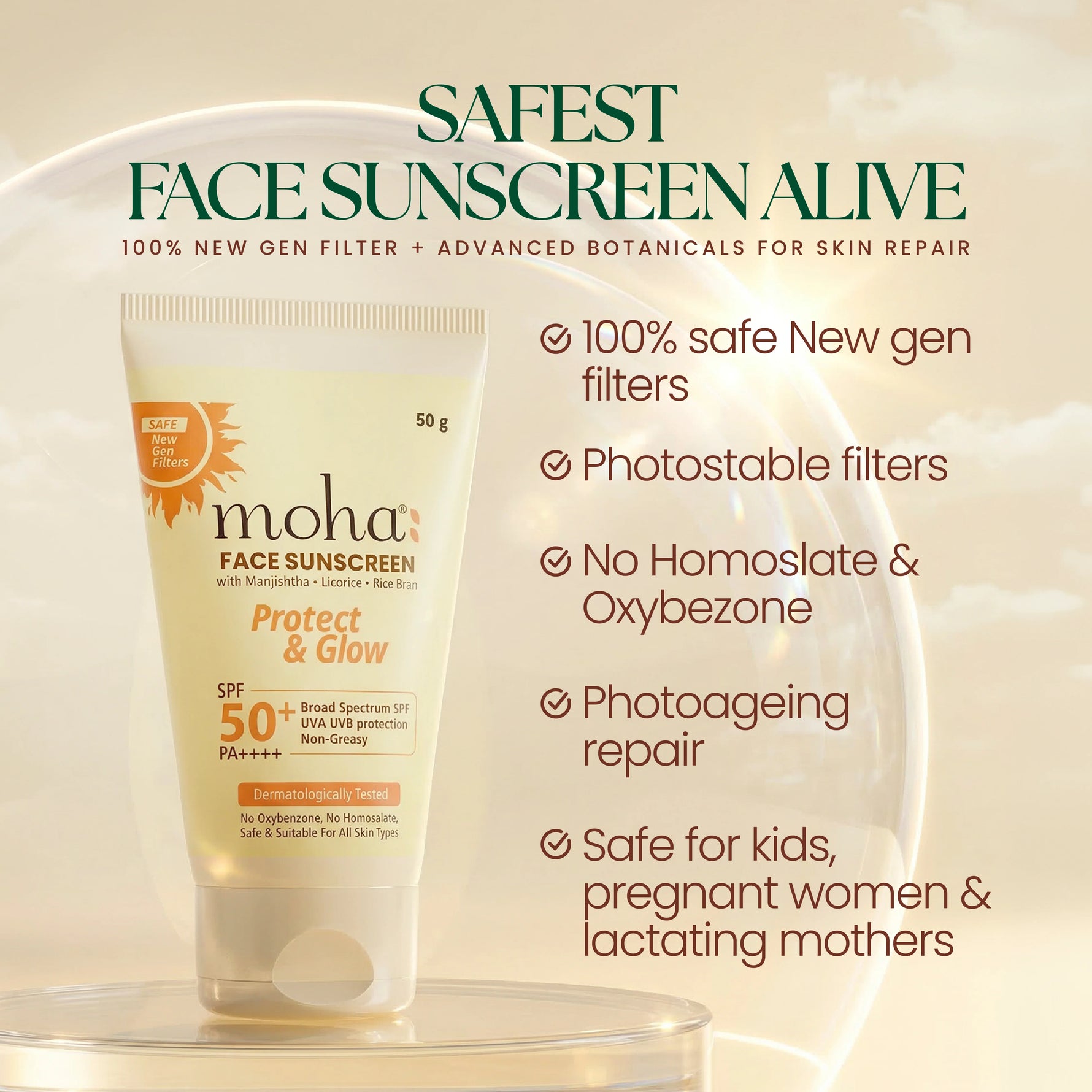 Moha: Face Sunscreen SPF 50+ PA++++ (50g)- No White Cast Broad Spectrum Sunscreen Cream
