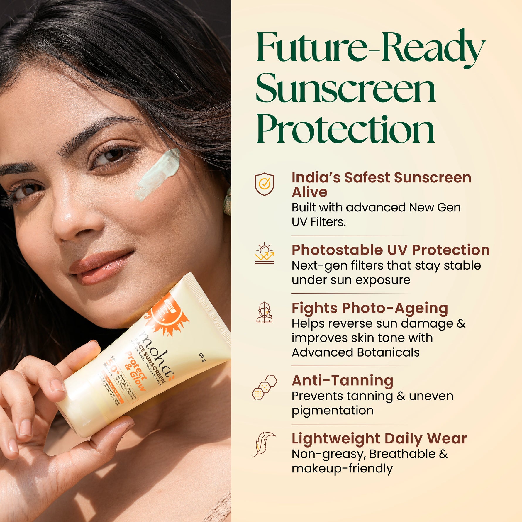 Moha: Face Sunscreen SPF 50+ PA++++ (50g)- No White Cast Broad Spectrum Sunscreen Cream