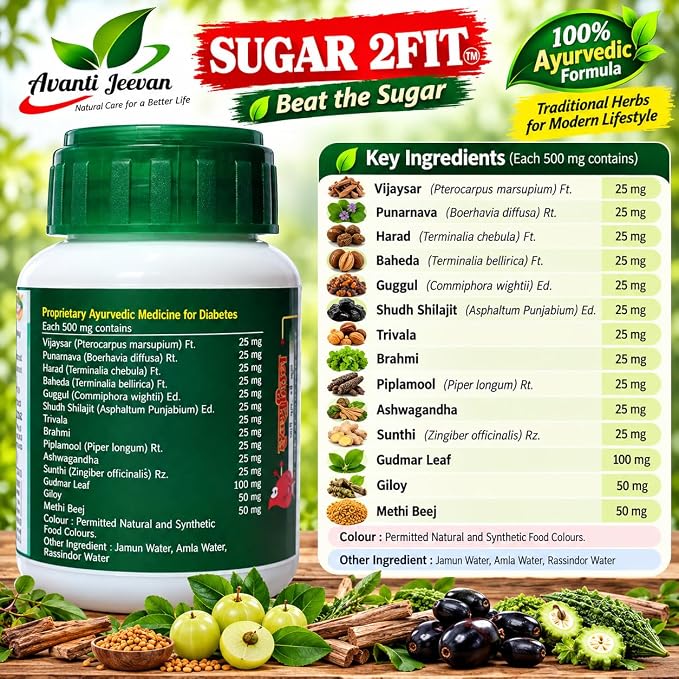 Sugar 2Fit by Avanti Jeevan | An Ayurvedic Supplement for Diabetes | Help in Controlling Blood Sugar (Pack of 1) 60 Veg Tablets