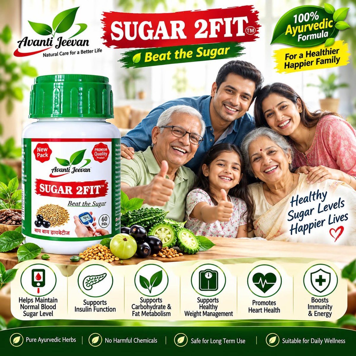 Sugar 2Fit by Avanti Jeevan | An Ayurvedic Supplement for Diabetes | Help in Controlling Blood Sugar (Pack of 1) 60 Veg Tablets